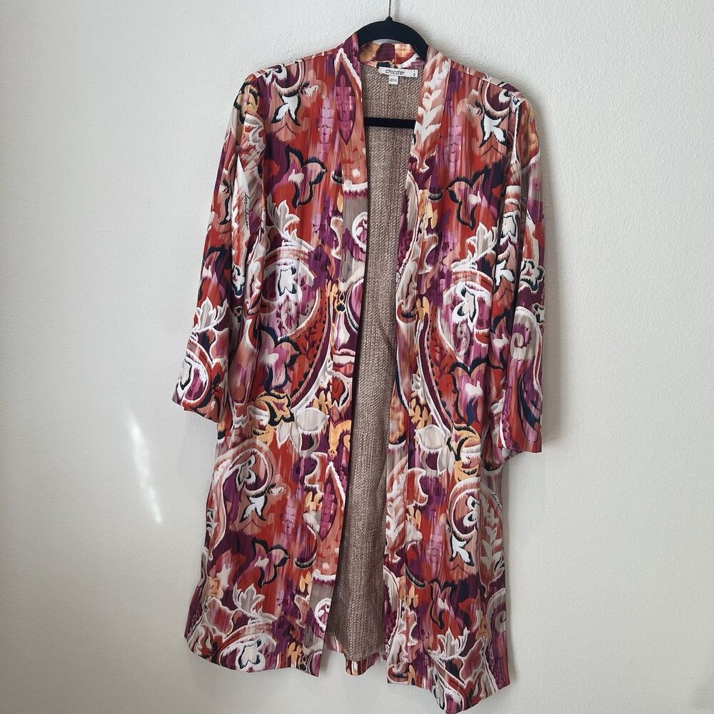 Chico's Duster Jacket Womens 1 Medium Colorful Paisley Open Boho Artsy Loungewea